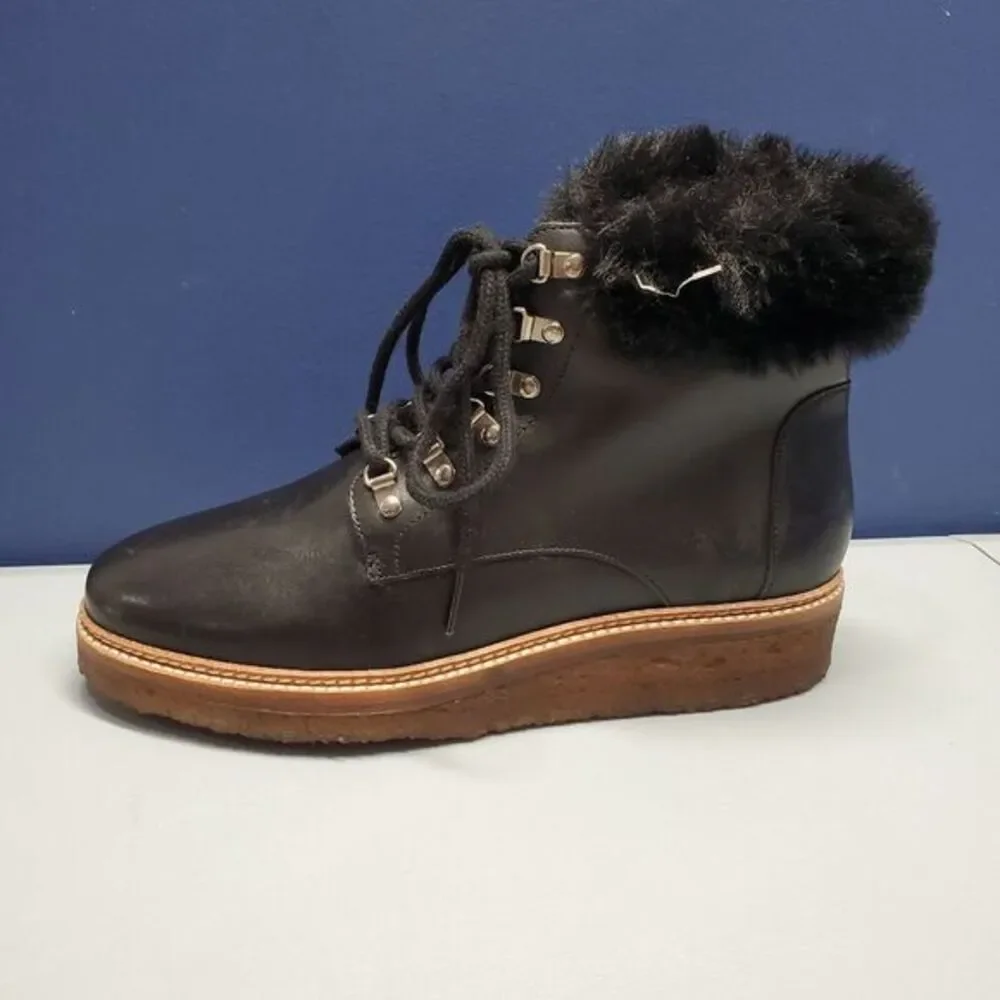 Botkier Winter Boots Women Size 7.5 Black Leather Faux Fur Trim Gum Sole Lace Up